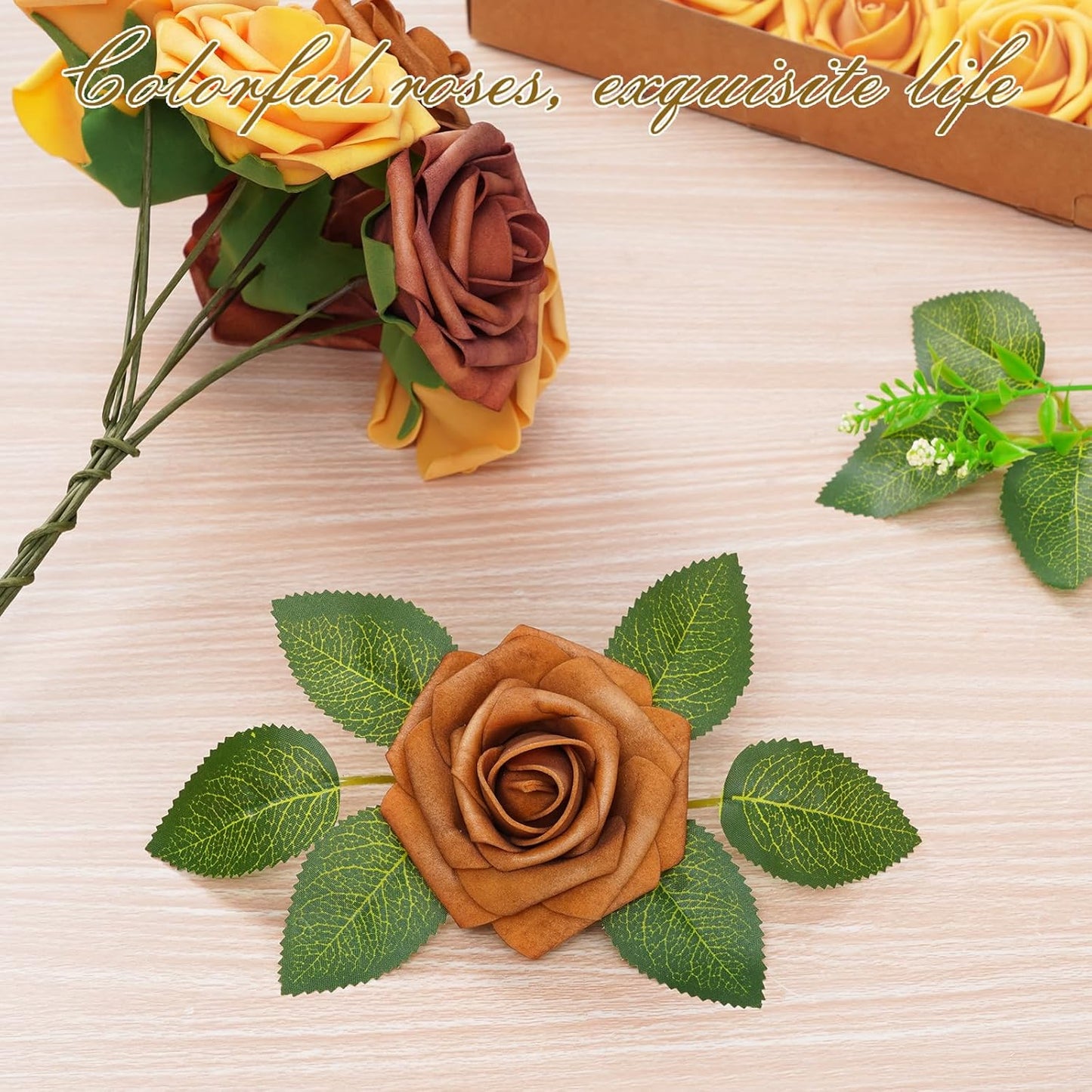 BLEUM CADE 36Pcs Artificial Flowers Fake Roses with Stems, Gradient Burnt Orange Boxed Foam Roses for DIY Bouquets Centerpieces Wedding Party Arrangement Bridal Shower Decor