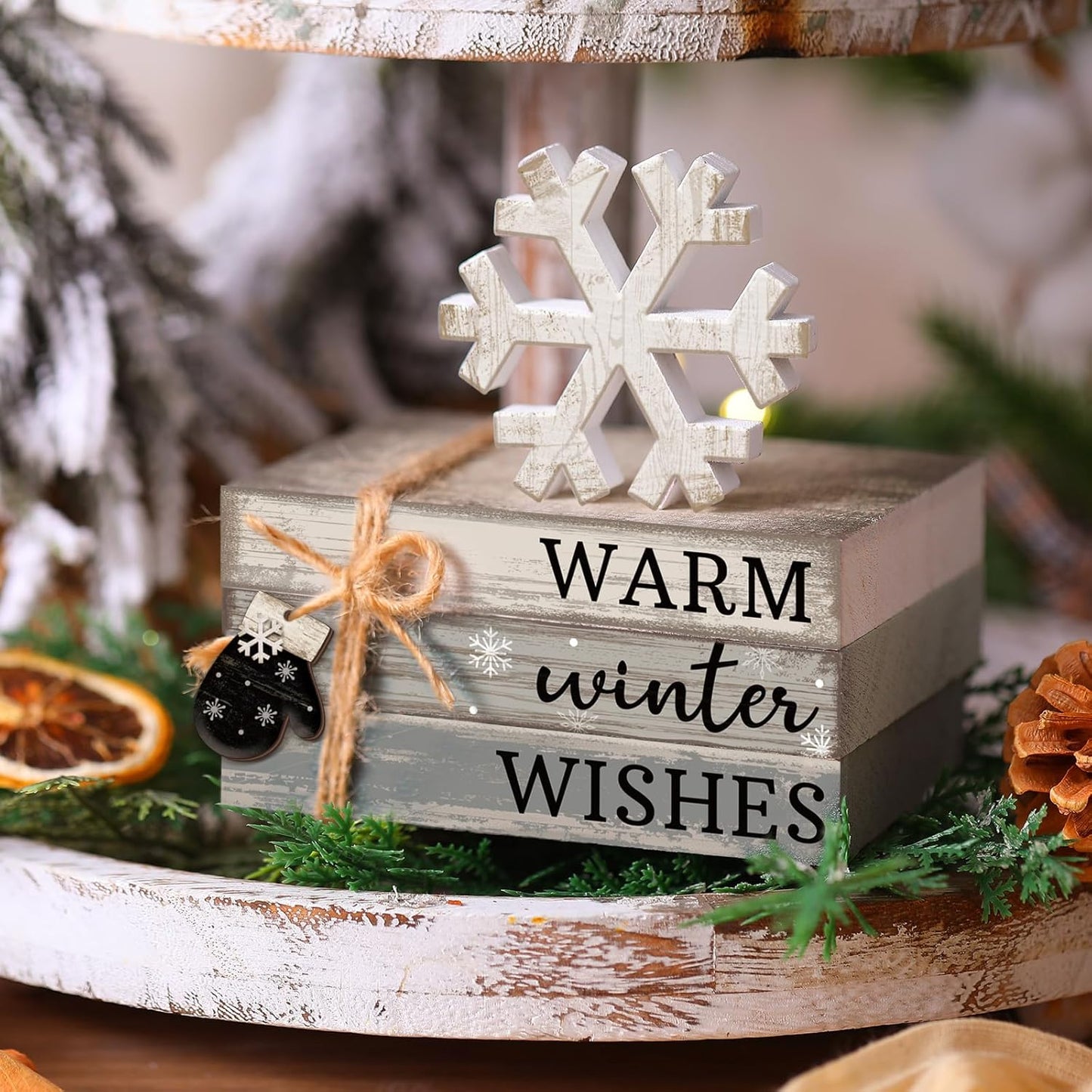 4 Pcs Winter Christmas Decor Winter Table Decorations Christmas Tiered Tray Decor Centerpiece Decorations Indoor Rustic Wooden Snowflake Block Sign Gift Farmhouse for Home Kitchen Shelf