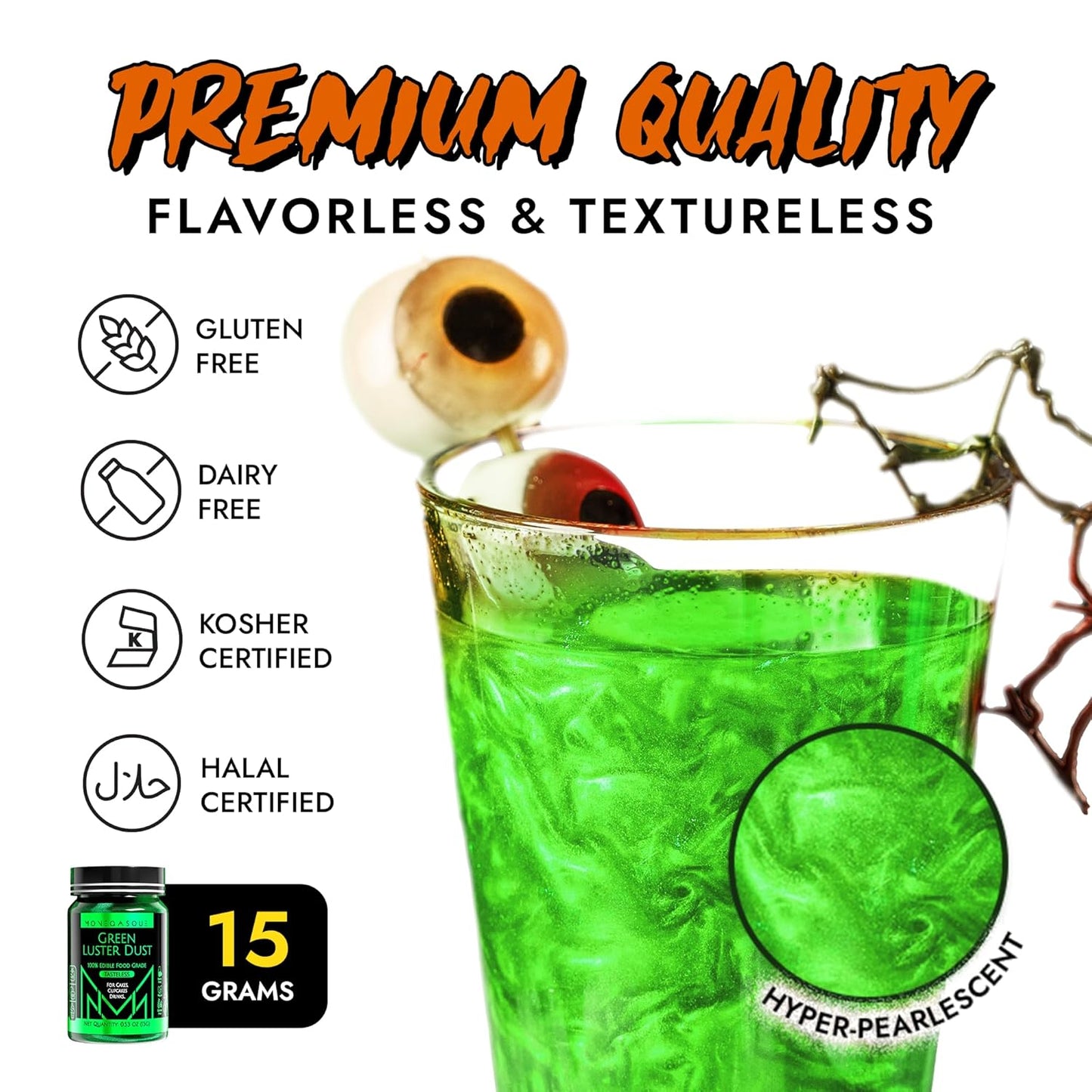 MONÉGASQUE Green Edible Glitter for Drinks 15g – Halloween Edible Glitter for Cakes & Cocktails – Luster Dust for Drinks & Cake Decorating – Cocktail Drink Shimmer Powder – Green Food Coloring Spray