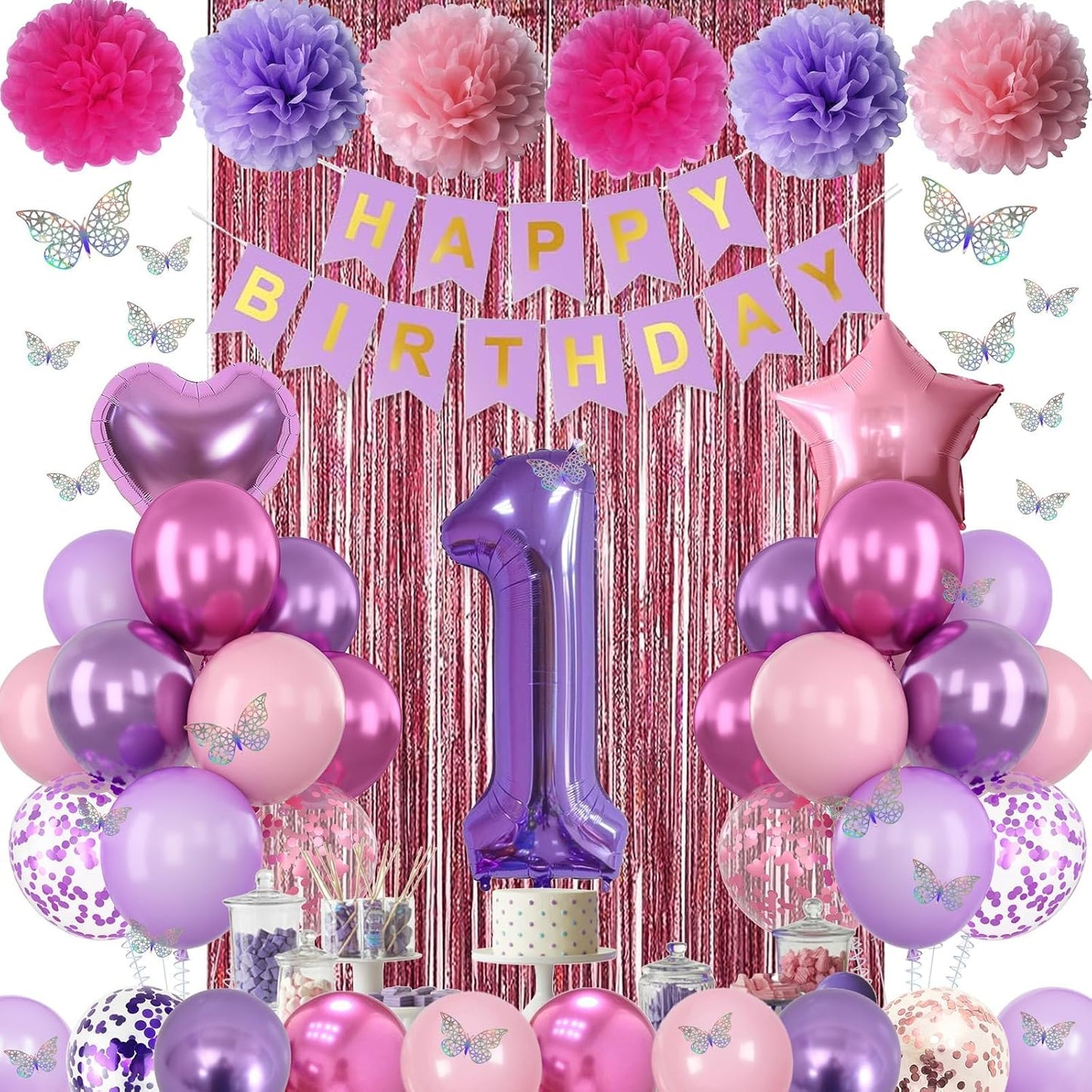 Pink Purple 1st Birthday Party Decorations for Girls Number 1 Balloon Happy Birthday Banner Butterfly Stickers Fringe Curtain Paper Pom Poms Metallic Hot Pink Star Foil Balloons Baby 1 Year Old Decor