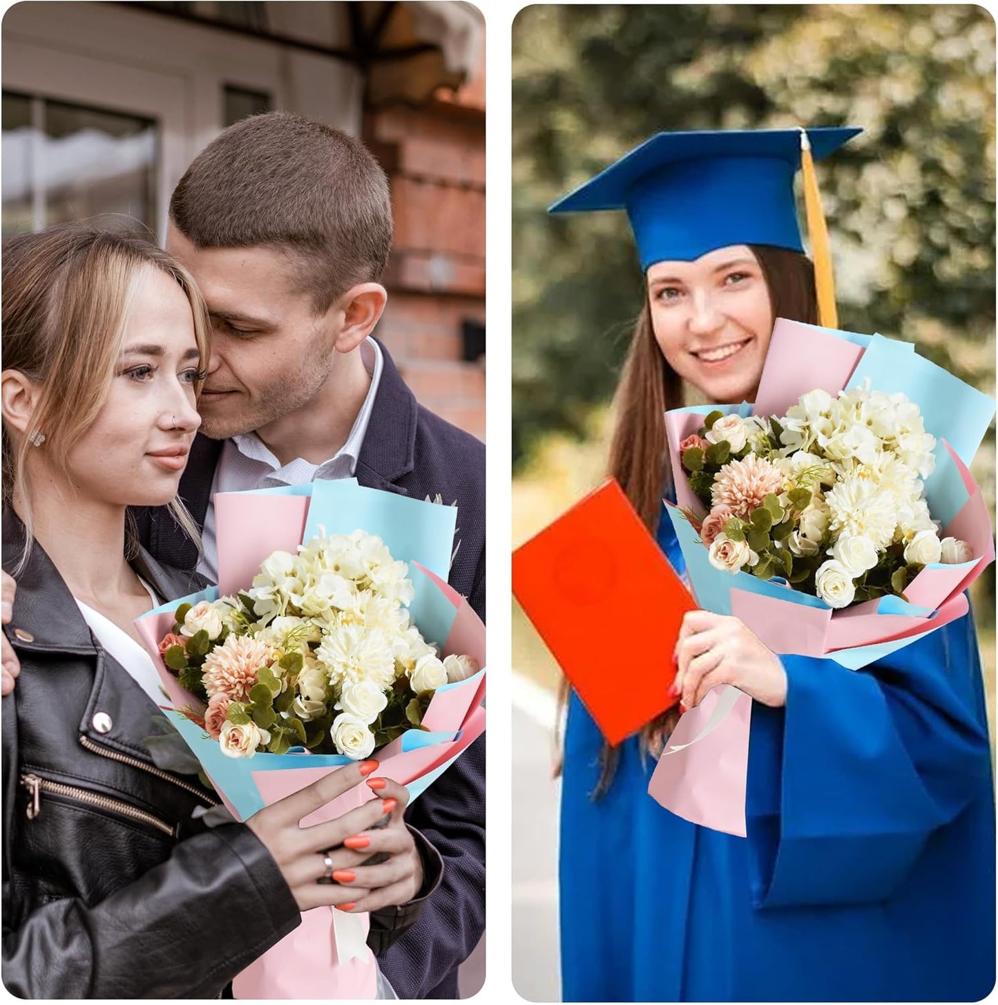 BEISHIDA 20Pcs Baby Blue and Baby Pink Double Sided Floral Wrapping Paper Matte Waterproof Flower Bouquet Wrapping Paper for Floral Wrap Florist Packing Supplies Valentine's Christmas Gift Wrapping