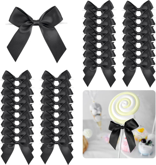 3.5" Black Bow Satin Pre-Tied Bows for Gift Wrapping, Small Bows for Crafts, Premade Bows, Candy Apple Bows, Twist Tie Bows for Cake Decorating, Party Favor, Wedding Decoration-36 Counts