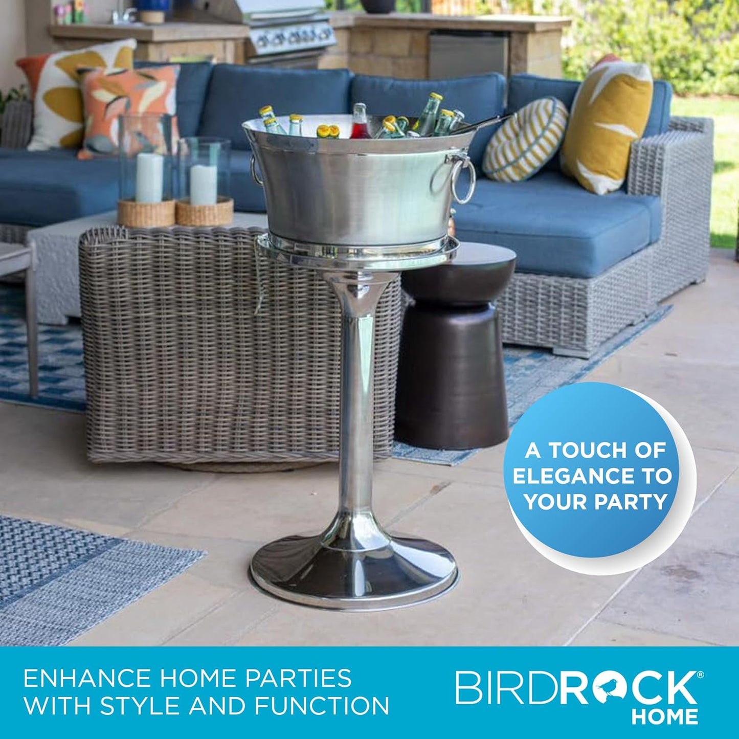 BIRDROCK HOME Metal Beverage Tub w/Stand, Scoop & Bottle Opener - Stainless Steel Double Wall Ice Cooler - Large Drinks, Beer, Wine, Champagne Chiller Buckets w/Holder for Parties - Silver Container