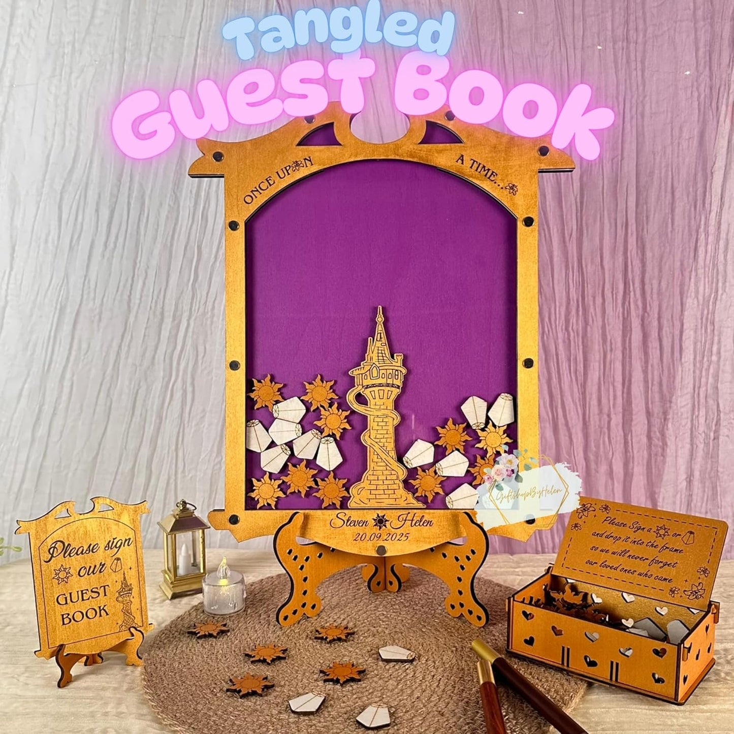 Tangled Guest Book Wedding Alternative | Gold Princess Tower Guestbook | Personalized Wooden Drop Box Keepsake for Fairytale Weddings