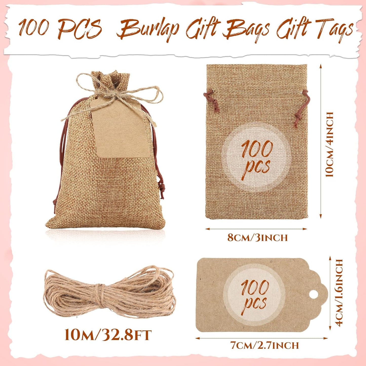 Woanger 100 Pcs Burlap Gift Bags with 100 Pcs Kraft Paper Gift Tags with Drawstring Favor Bulk Burlap Sack Bags for DIY Wedding Party Craft(3 x 4 Inch,Dark Brown)