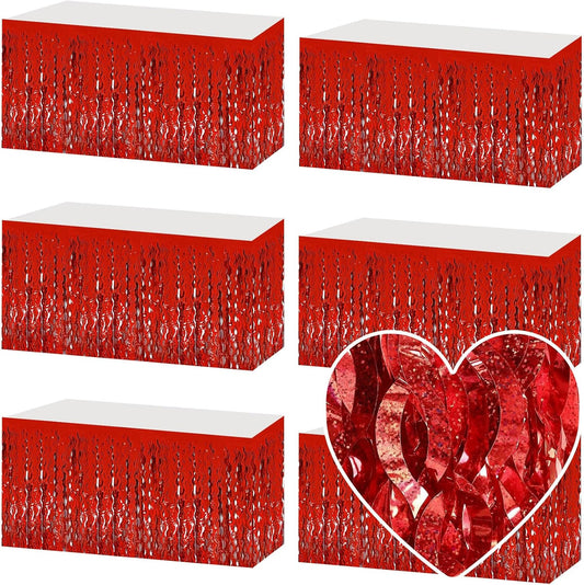 6 Pack 29x108 Inch Red Wave Foil Fringe Table Skirts Metallic Banner for Tinsel Streamer Garland Backdrop for Parade Floats Mother's, Graduate, Mardi Gras, Birthday, Wedding Party Decorations