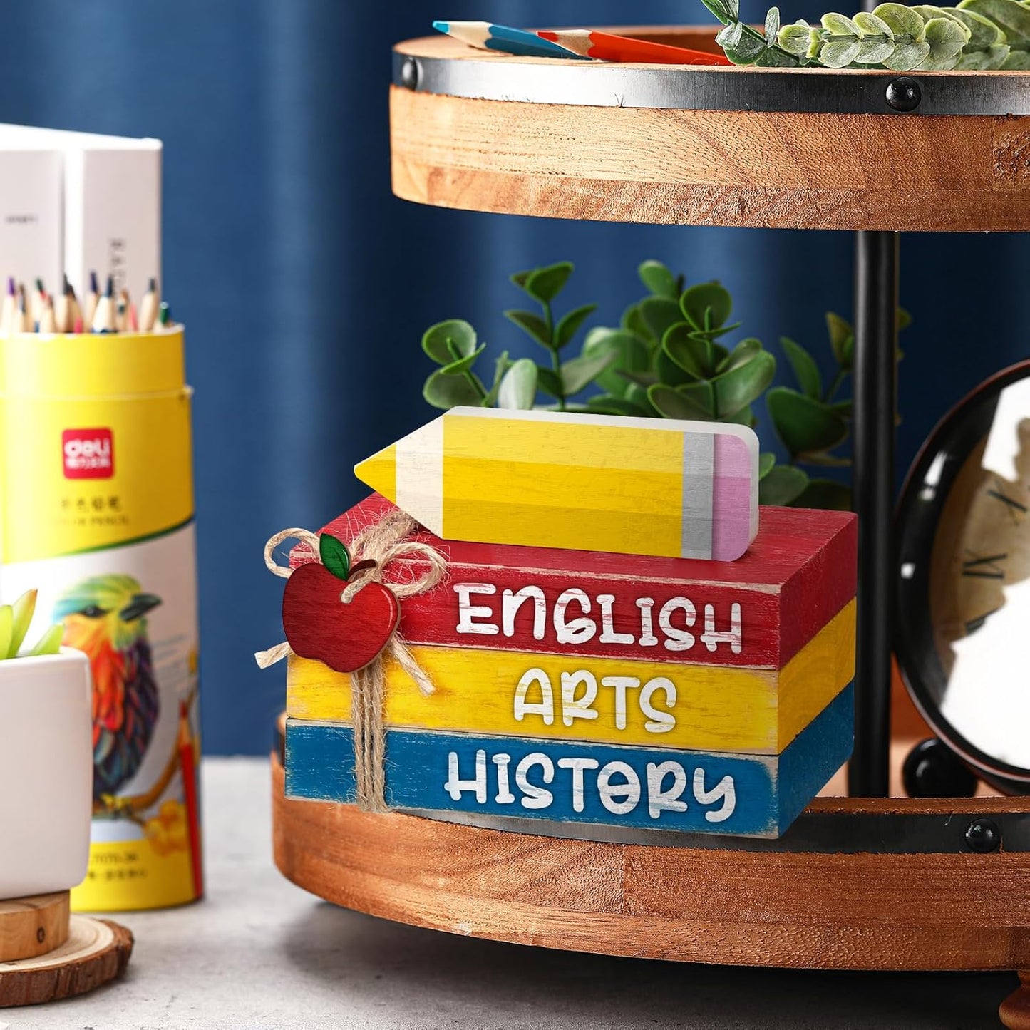 4 Pcs Back to School Table Decorations First Day of School Tiered Tray Decorations Decorative Mini Wooden Books Subject Signs for Office Shelf Classroom Tabletop Bookshelf(Pencil)