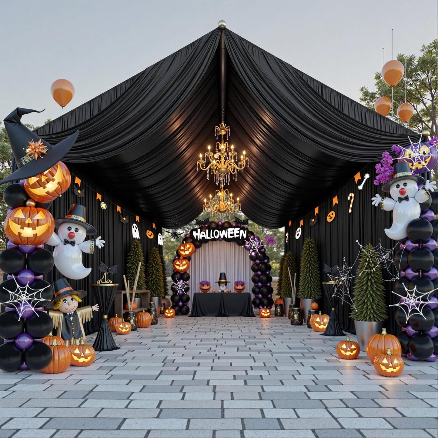 PartyVillage 50ftx40ft Black Ceiling Curtain for Halloween Parties – 10 Panels Wrinkle-Free 40 FT Long Tent Draping Curtains for Wedding, Birthday & Theme Parties, 40ft Height with Rod Pocket