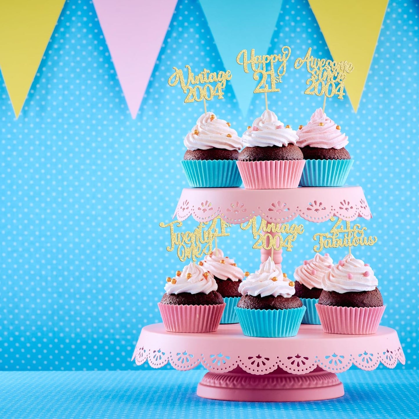 30Pcs Vintage 2004 Cupcake Toppers Glitter Twenty-one Happy 21st Birthday 21 Fabulous Cupcake Picks Awesome Since 2004 Cake Decorations for 21st Birthday Anniversary Retirement Party Supplies Gold