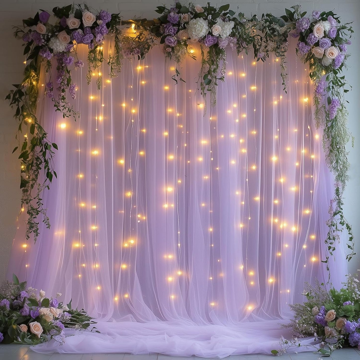 10x10ft Lavender Tulle Backdrop Curtain with Fairy Lights, Wrinkle-Free Sheer Wedding Backdrop for Birthday Parties, Baby Showers, Bridal Showers, Photo Shoots and Home Decorations, Lavender