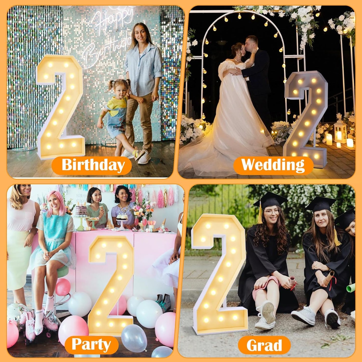 4ft Marquee for Numbers 2, 2025 Marquee for Numbers 4 Feet Tall, Mosaic Numbers for Balloons, Light up Numbers for Party Decorations, Birthday, Anniversary Party Decor (Number 2)