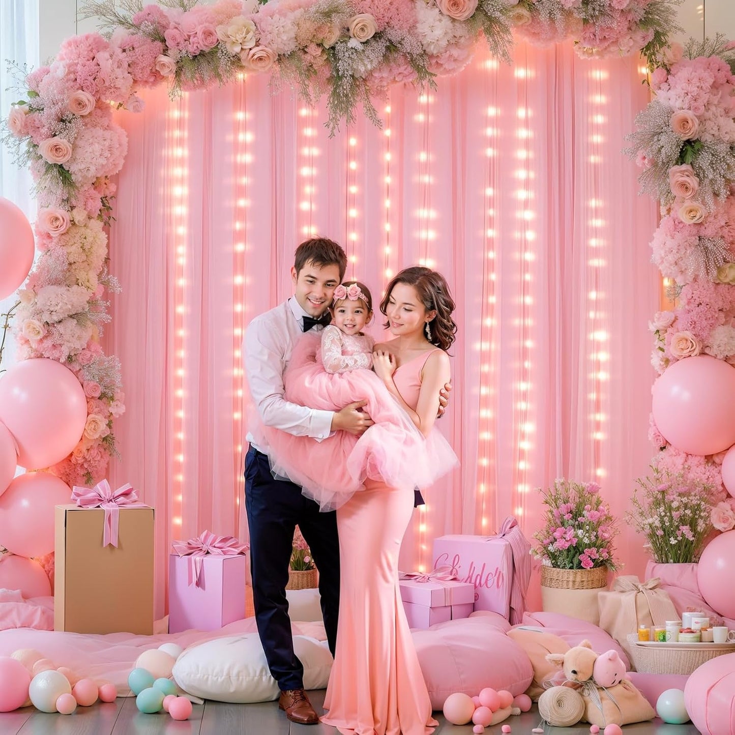 Sheer Backdrop Curtains with Lights String for Weddings Baby Showers, 10x8ft Sheer Tulle Photo Backdrop Curtains for Birthday Party Photography Background Decoration, Pink