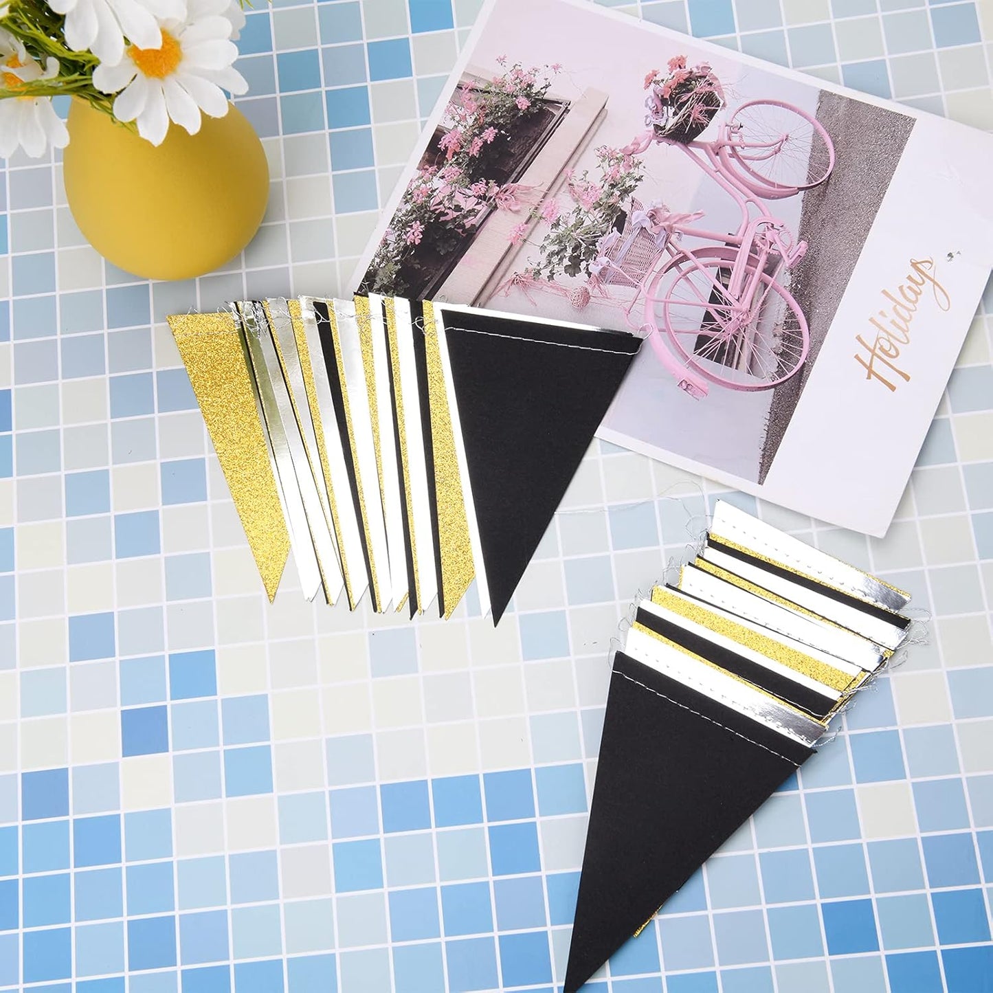 Triangle Flag Bunting Banner, MerryNine 3 Pack 30 Feet Vintage Style Pennant Banner for Wedding, Baby Shower, Event & Party Supplies 78pcs Flags (Triangle Flag - Black Silver Gold Glitter)