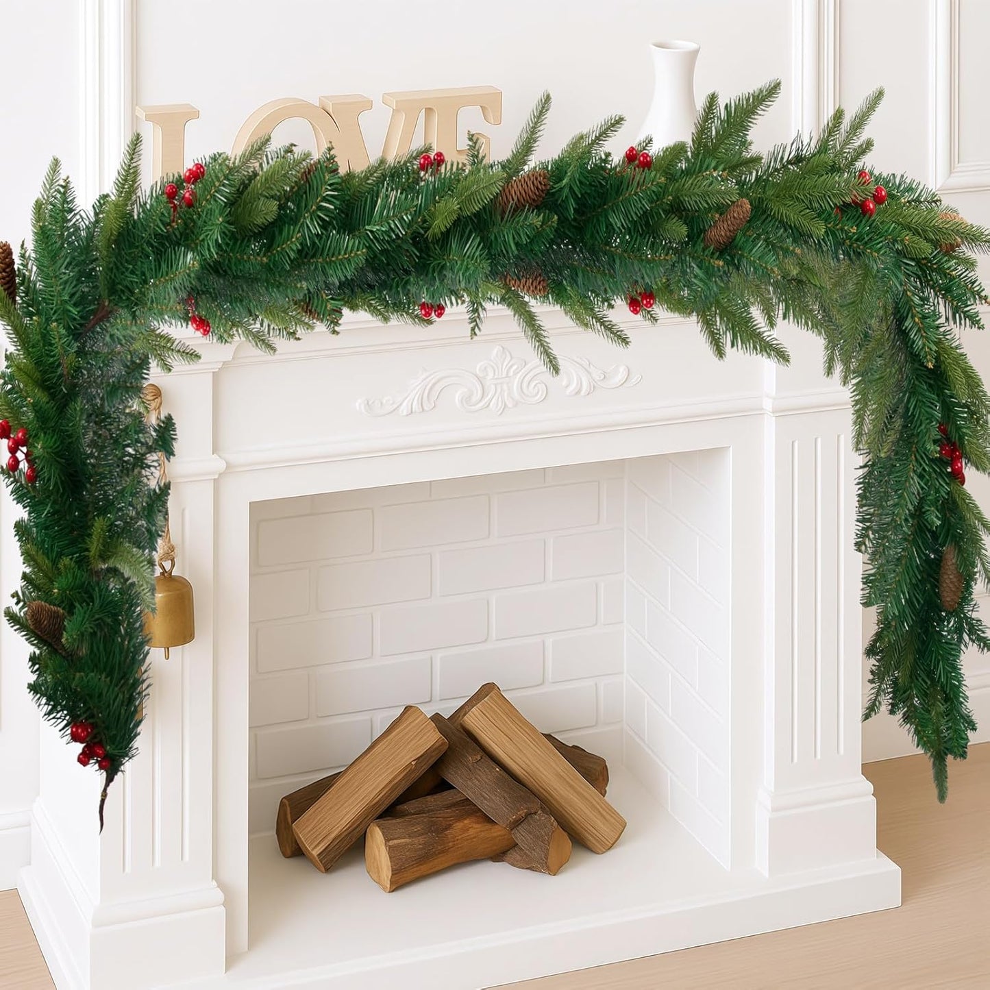 9FT Christmas Garland Artificial Norfolk Pine Tree Greenery, Cedar Cypress with Red Berries Pine Cones, Realistic Winter Holiday Mantel Fireplace Door Table Decor, Indoor Outdoor