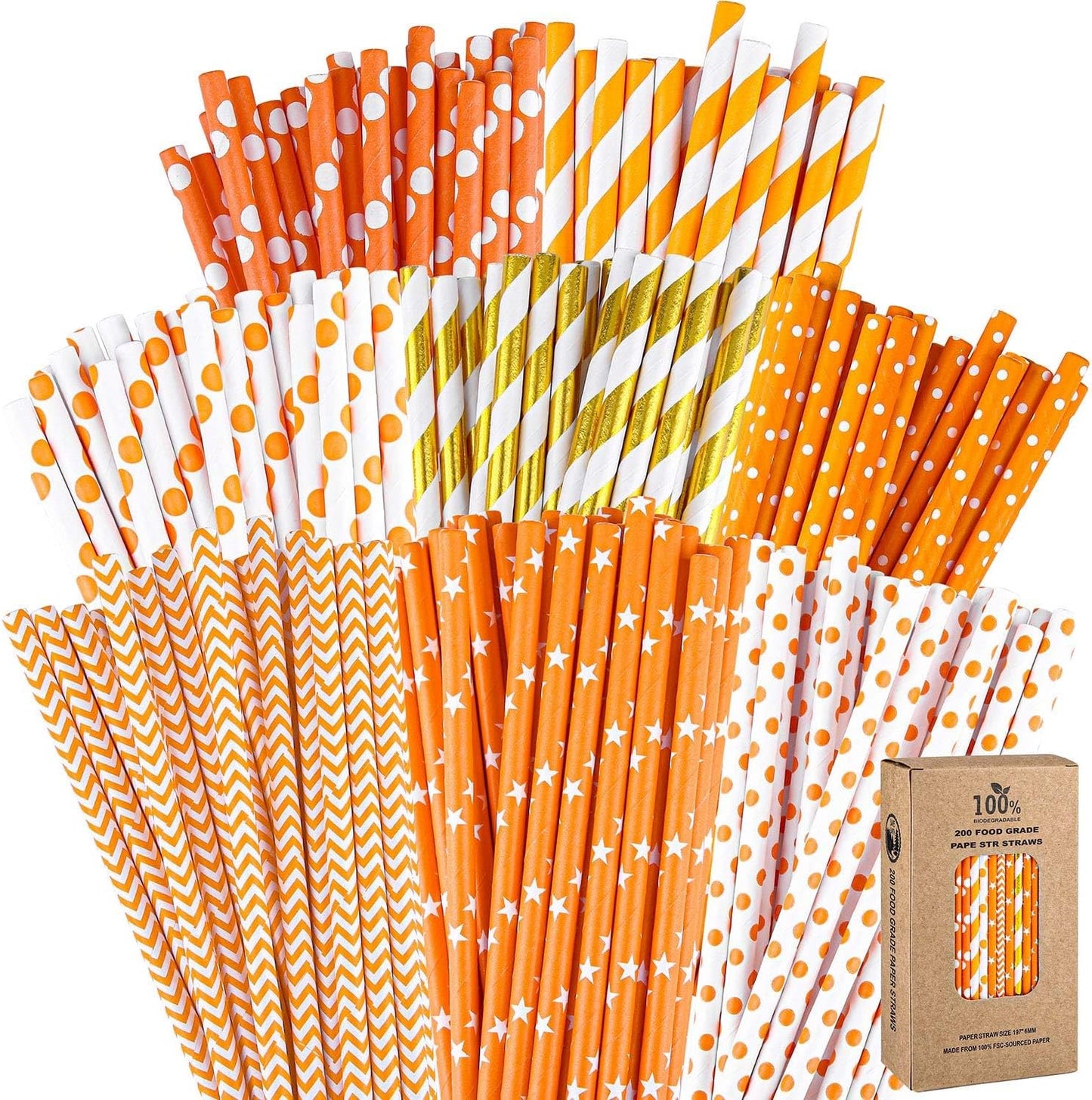 Cooraby 200 Pieces Thanksgiving Paper Straws Orange and Gold Assorted Paper Straws Biodegradable Drinking Straw Mix for Fall Leaf Autumn Wedding Supplies, 8 Style