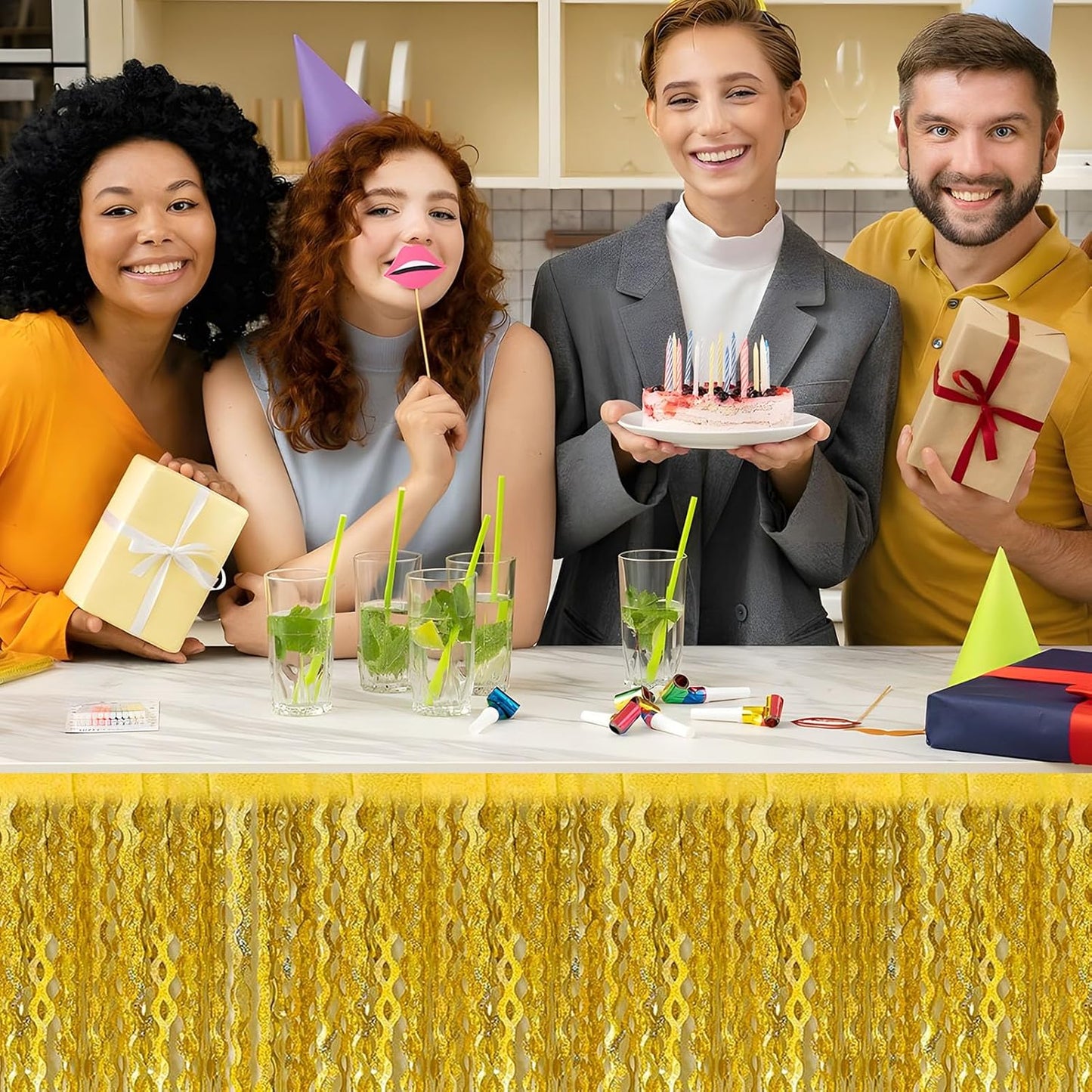 6 Pack 29x108 Inch Gold Wave Foil Fringe Table Skirts Metallic Banner for Tinsel Streamer Garland Backdrop for Parade Floats Mother's, Graduate, Mardi Gras, Birthday, Wedding Party Decorations