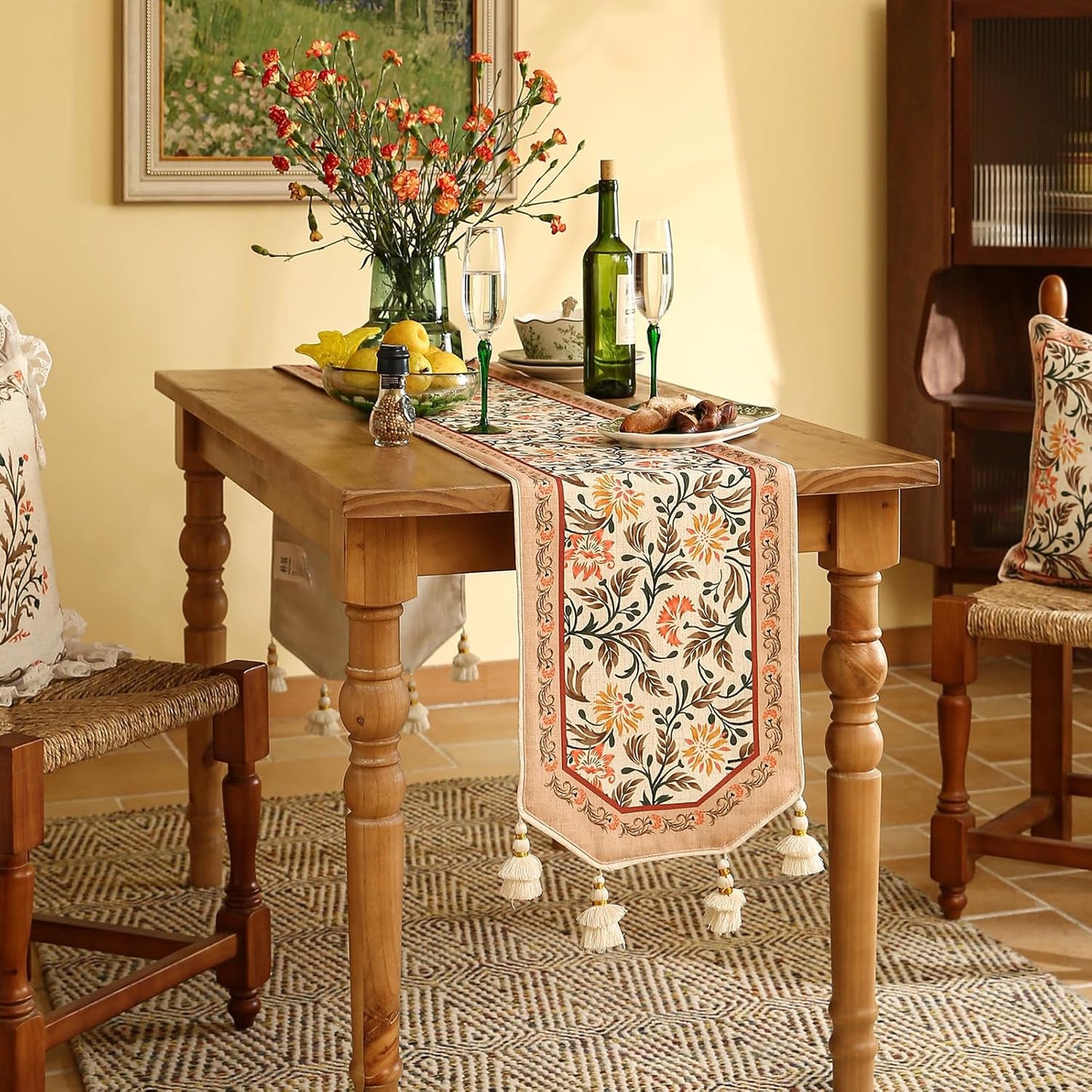 ISAENNE Designer French Elegant Linen Table Runner 102 Inches Long,Farmhouse Lily Pattern Decor Table Runners for Dining Tables,Thanksgiving,Kitchen Tables,Christmas,12"*102"-Aurora A