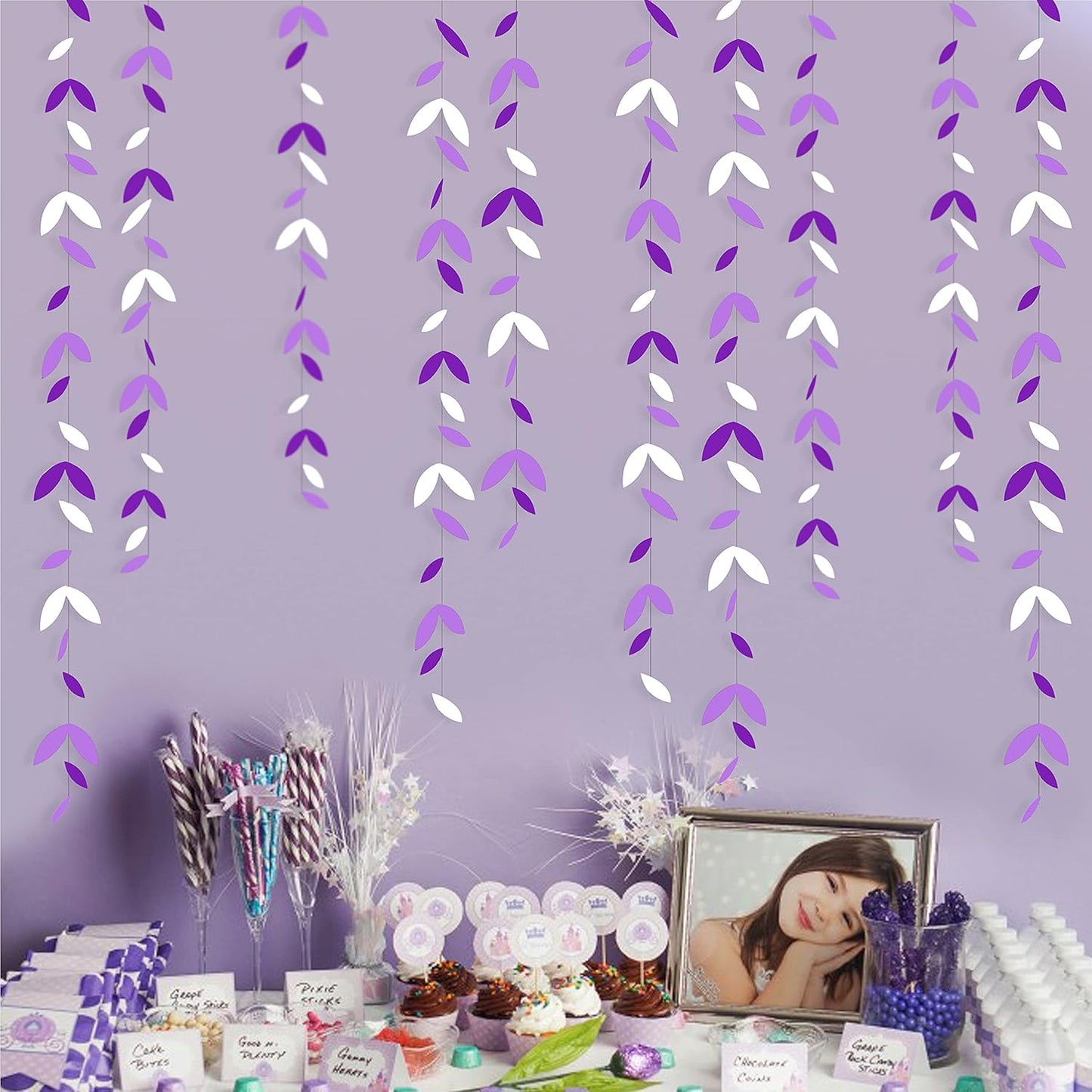 52 Ft Purple White Party Decorations Lavender Leaf Garland Kit Lilac Paper Hanging Leaves Streamer Banner for Birthday Bachelorette Engagement Anniversary Wedding Bridal Baby Shower Hen Party Supplies