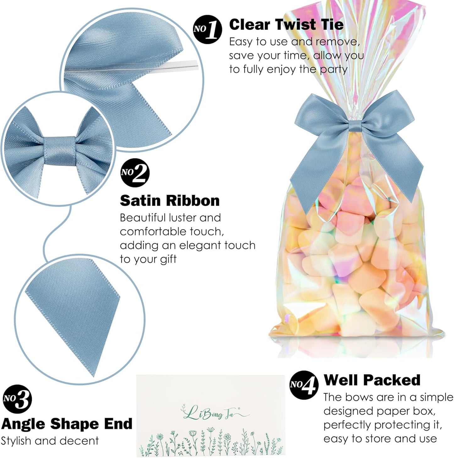 3.5" Dusty Blue Bow Satin Pre-Tied Bows for Gift Wrapping, Small Bows for Crafts, Premade Bows, Candy Apple Bows, Twist Tie Bows for Cake Decorating, Party Favor, Wedding Decoration-36 Counts