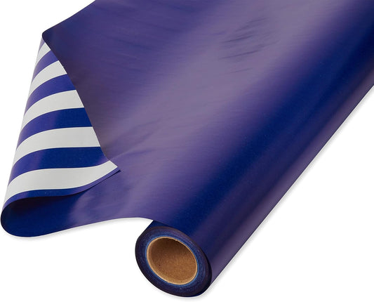American Greetings Reversible Wrapping Paper Jumbo Roll for All Occasions, Navy and Stripes (1 Roll, 175 sq. ft.)