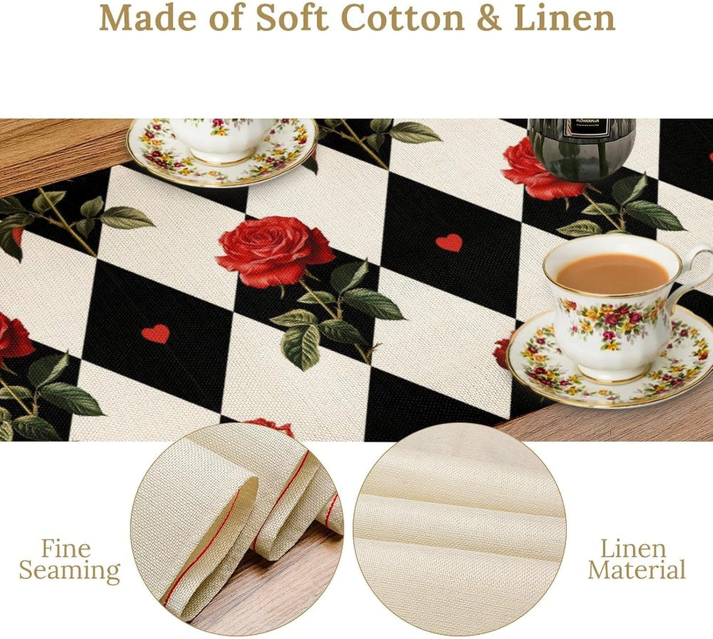 Vintage Rose Table Runner, Red Rose Hearts Black White Checkered Background Table Runner for Kitchen Dinning Table Runner Decor Home Wedding Party Holiday, 13x120 Inch