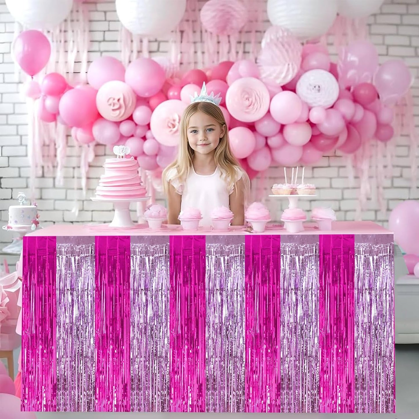 BEISHIDA 2 Pack Hot Pink Pink Table Skirts Party Decorations Purple Metallic Tinsel Foil Fringe Rectangle Round Table Skirts for Girls Birthday Holiday Valentines Party Supplies