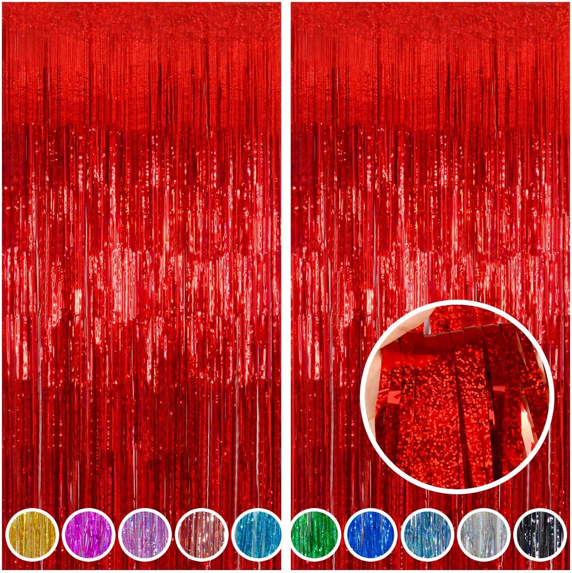 Melsan 2 Pack Red Tinsel Foil Fringe Curtains Backdrop, Sparkle Tinsel Backdrop Curtains for Fourth of July Patriotic Birthday Party Decorations
