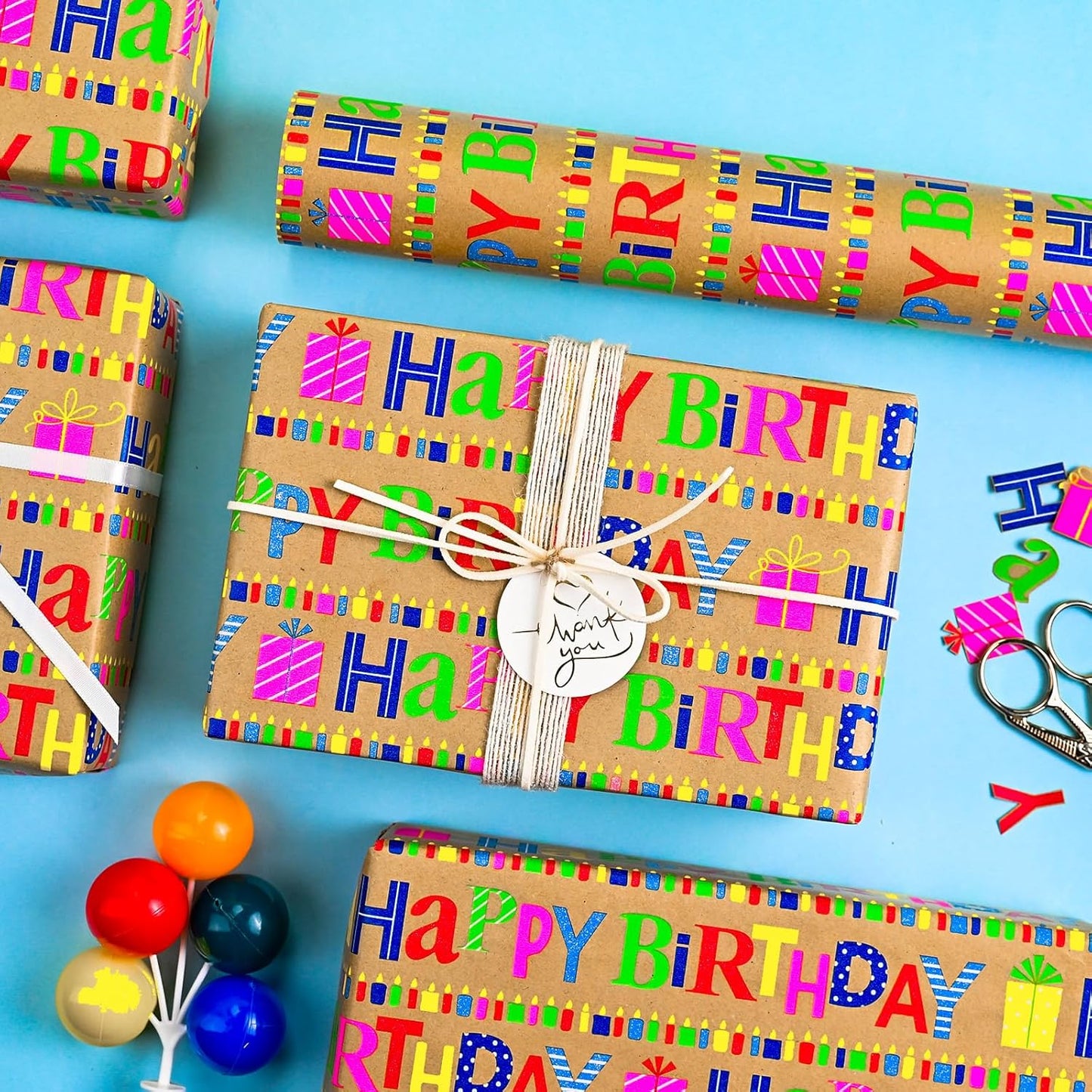 Yarcony Kraft Birthday Wrapping Paper Mini Roll, Gift Wrapping Paper, Heavyweight Brown Colorful Text Happy Birthday Gift Wrap Thick Paper for Present Packaging, Hioliday, All Age (17 Inch X 33 Feet)
