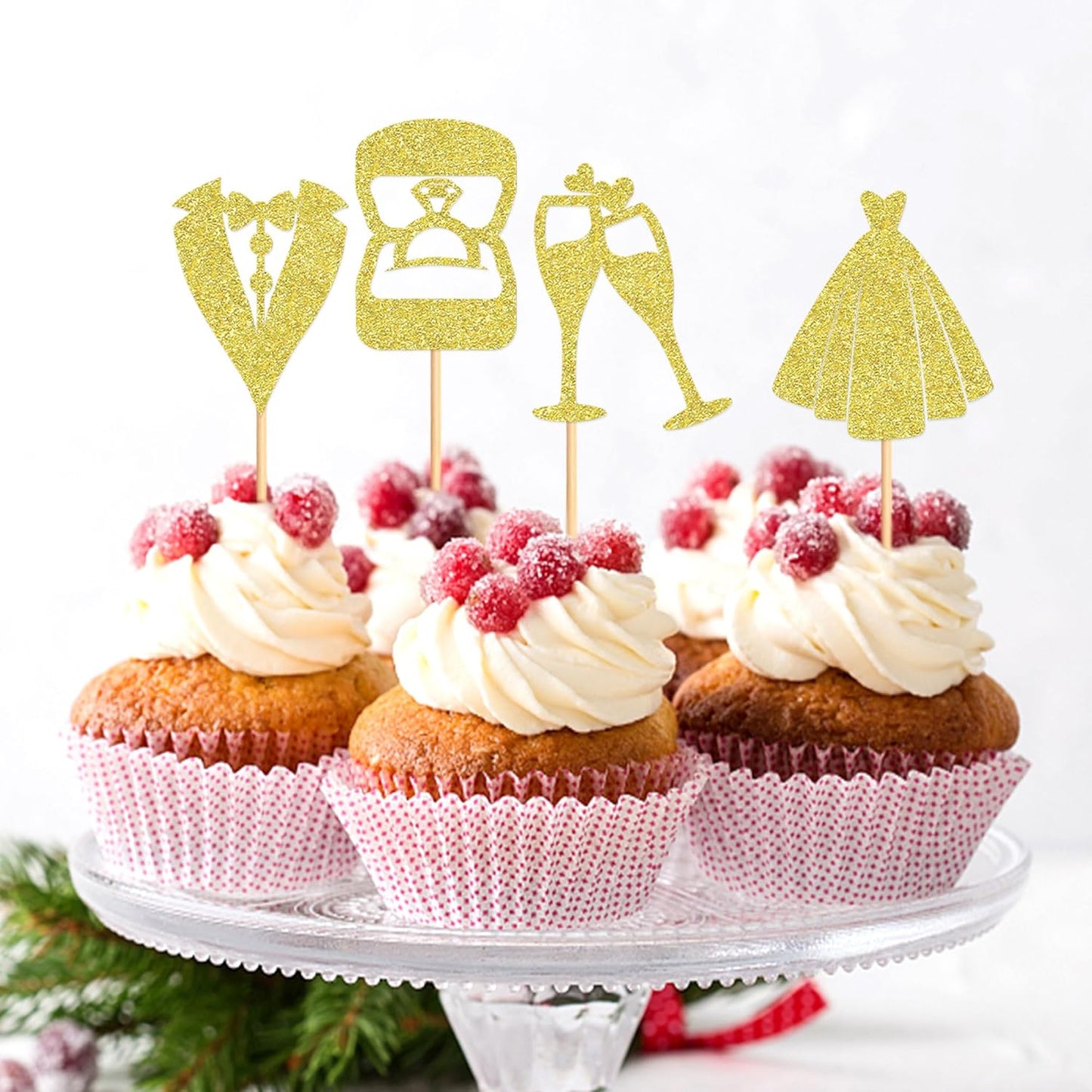 25 Pcs Bride and Groom Cupcake Toppers Wedding Dress Diamond Ring Cupcake Picks Bridal Shower Wedding Engagement Anniversary Party Cake Decorations Supplies golden