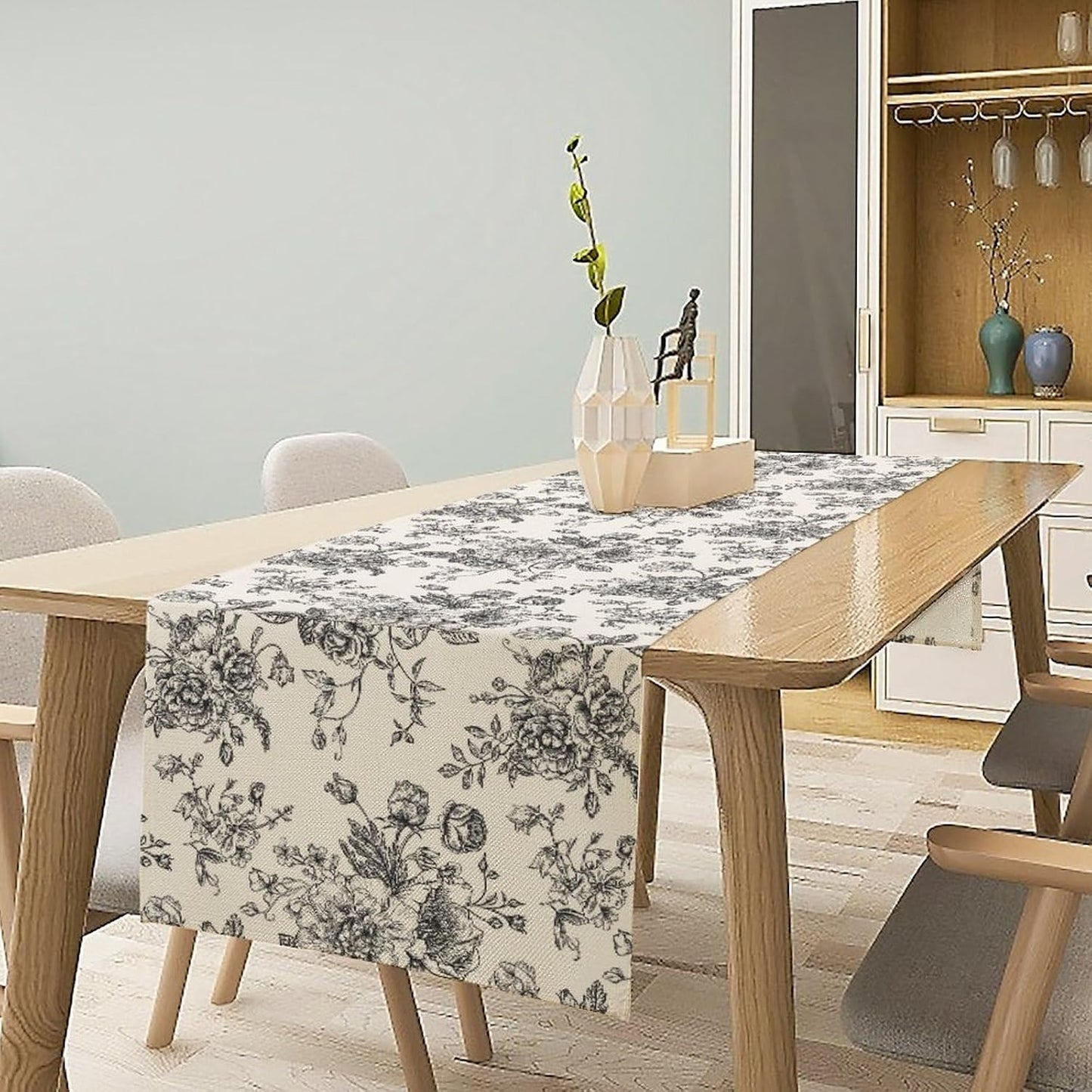 Vintage Flower Table Runner, Black White Wildfloral Floral Sketch Print Kitchen Dinning Table Runner for Indoor Outdoor Home Wedding Party Holiday, 13x108 Inch