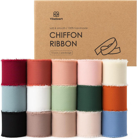 Vitalizart Chiffon Silk Ribbon 1 1/2 Inch x 75 Yd Handmade Frayed Edge Assorted Ribbons for Gift Wrapping Bridal Bouquets Baby Shower Wedding Invitations