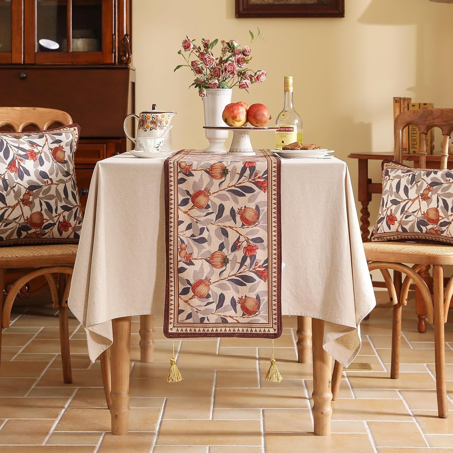 patdrea Designer Vintage SaddleBrown Linen Table Runner 87 Inch Long, Pomegranates Pattern Table Mat, Decoration for Kitchen Dining Table Coffee Table Shelf Cabinet Banquet Christmas ,12"*87"