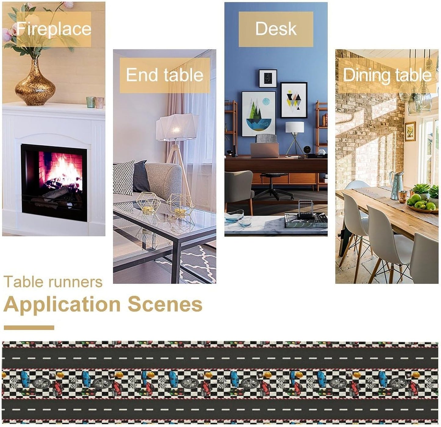 Race Car Table Runner,Checkered Flag Black and White Race Cars Pattern Print Tablecloth Burlap for Hotel Indoors Outdoor Dining Room Kitchen Home Decor,W13X L80 in