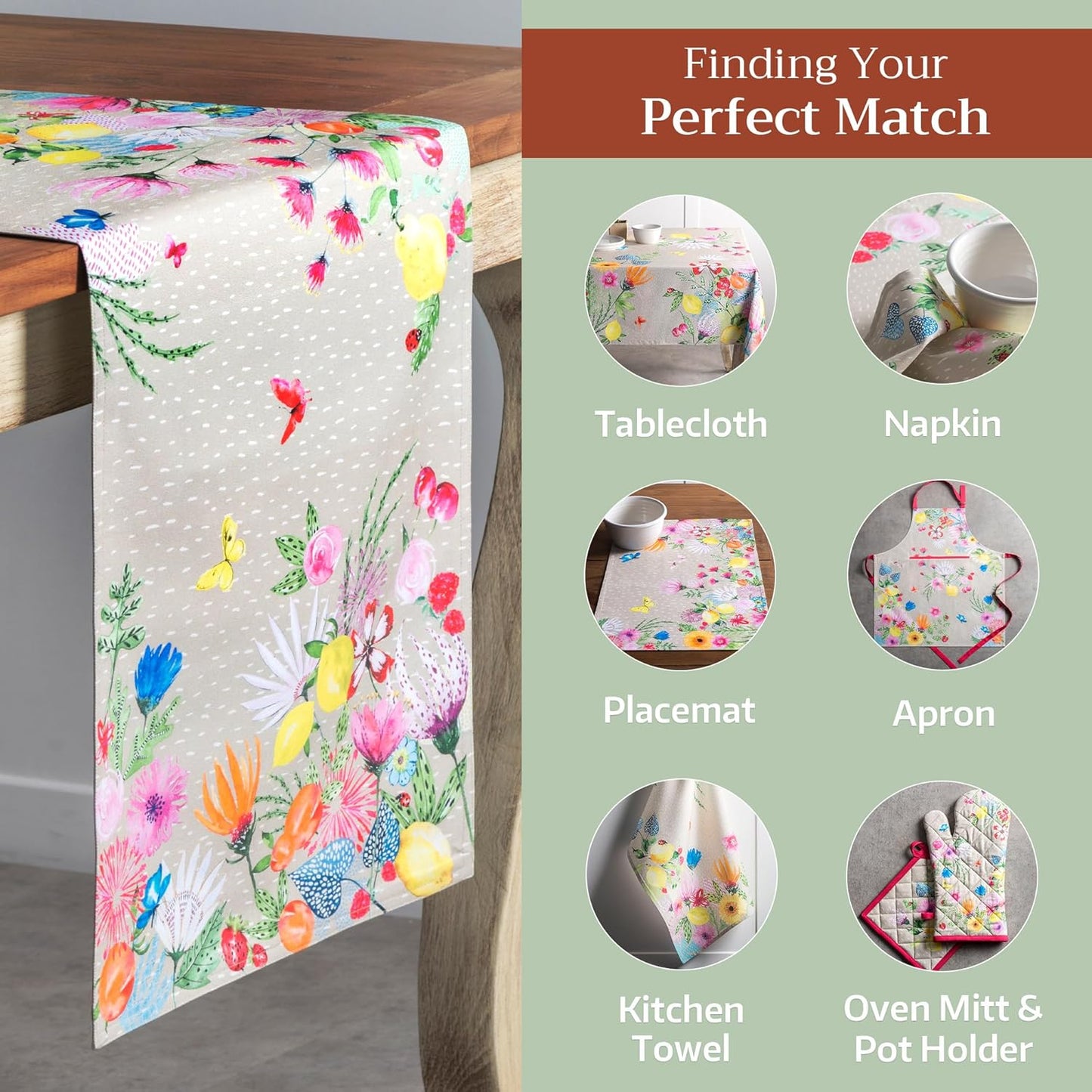 Maison d' Hermine Table Runner 100% Cotton Double Layer Table Runners 108 inches Long Decorative for Home Kitchen Dining Party Wedding Bridal Shower Spring Summer (Jardin D'Ete - Fog, 14.50" x 108")