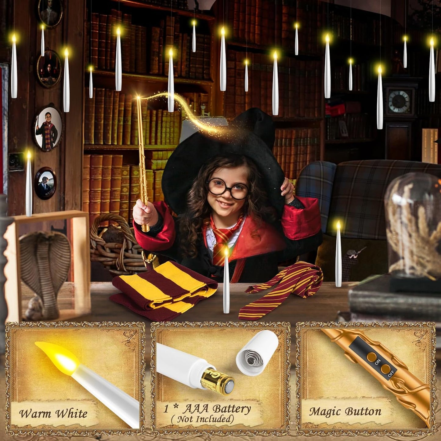 Halloween Floating Candles 18 Pcs - Magical Flameless Candles with Wand Flickering Warm Lights Ideal for Indoor Window Bedroom Halloween Cosplay Birthday Theme Party Decor