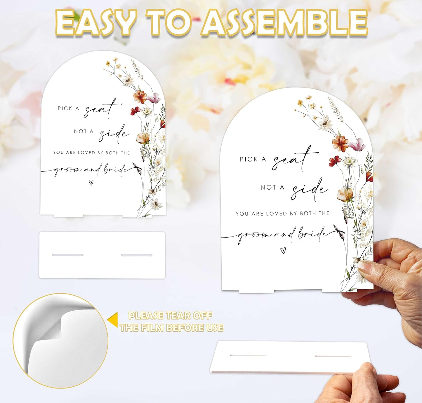Boho Floral Pick a Seat Not a Side Sign, 6 x 8 Inch White Arch Acrylic Wedding Sign with Holder, Wedding Sign for Ceremony and Reception, Wedding Decoration, Wedding Supplies - BX18