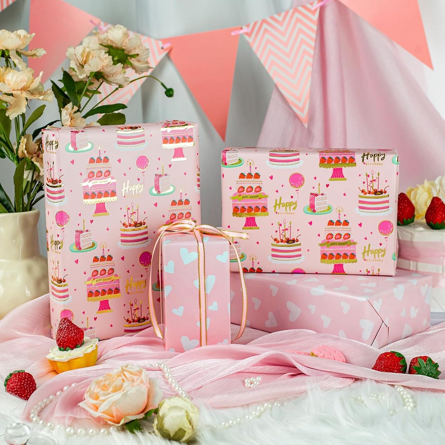 Yarcony Girls Birthday Wrapping Paper Roll, Pink Gift Wrapping Paper,Metallic Foil Pink Cartoon-Style Birthday Cakes Gift Wrap for Kid Party,Baby Shower,Wedding, Holiday,Christmas(17 Inch X 33 Feet)