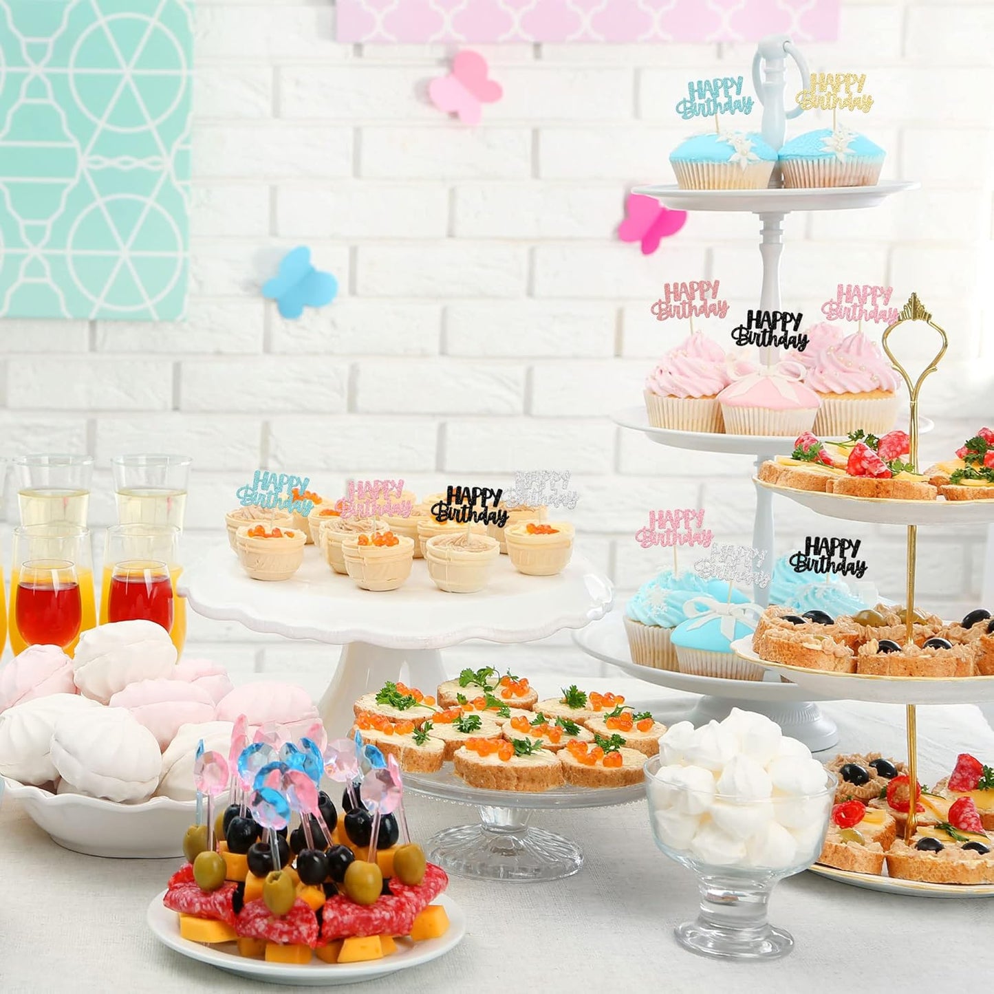 Gyufise 24Pcs Happy Birthday Cupcake Toppers Glitter Birthday Cupcake Food Picks for Celebrating Happy Birthday Party Cake Decorations Supplies Six Colors