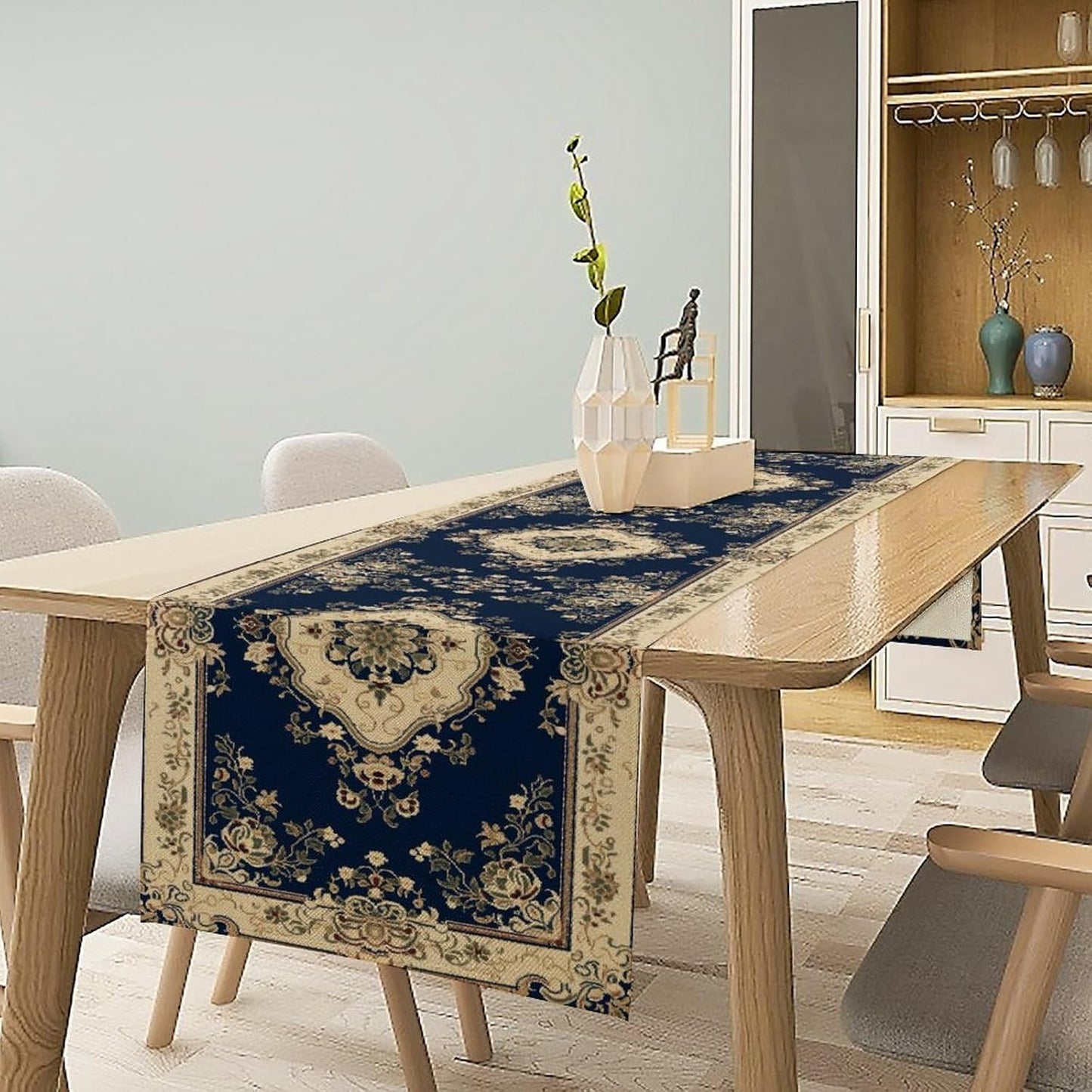 Vintage Elegant Farmhouse Table Runner Blue Beige Flower for Home Farmhouse Kitchen Table Dining Coffee Room Garden Party Wedding Decor 13x120in