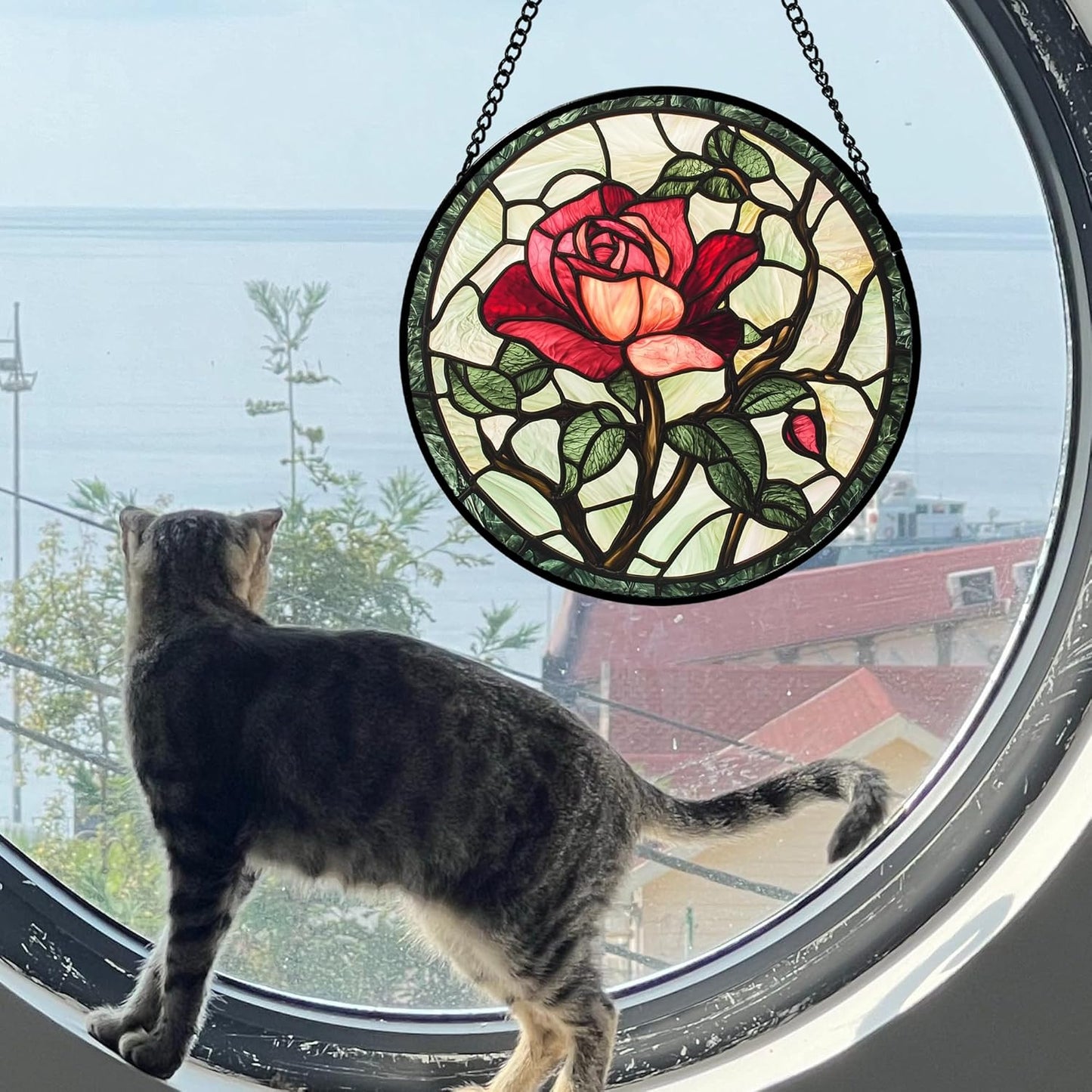 Stained Glass Window Hanging, Red Rose Flowers Sun Catcher for Door Garden Home Decor Suncatcher Christmas Mother's Day Birthday Gifts for Women Lovers Men Wife Girlfriend Mom Nana 11.8 in