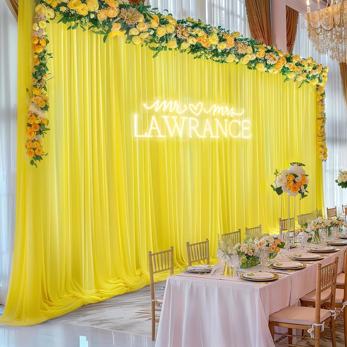 10ft x 10ft Yellow Backdrop Curtain Drapes, Wrinkle-Free Sheer Chiffon Fabric Photo Backgroud Panels for Wedding Arch Party Ceremony Stage Photography Decoration