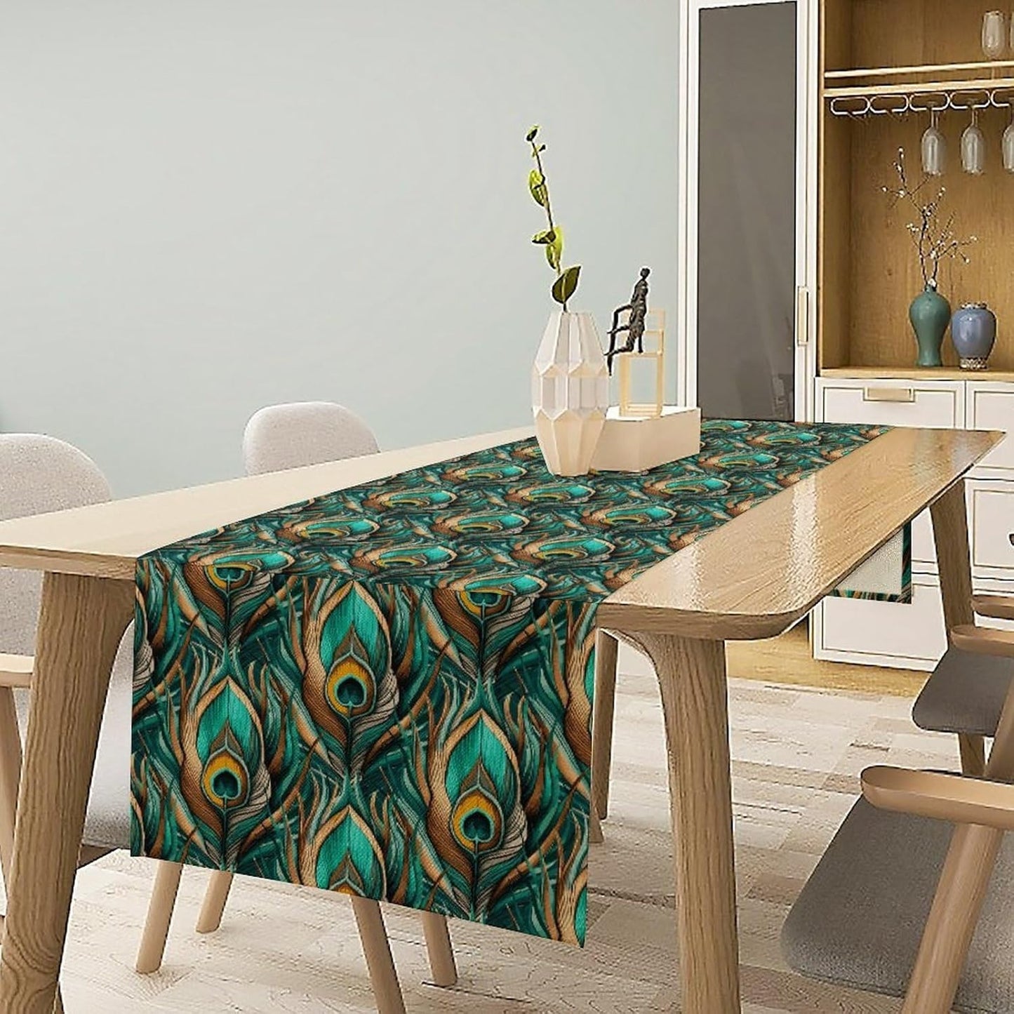 Peacock Feather Table Runner,Retro Aesthetic Green Table Runner for Home Kitchen Dining Party Indoor Outdoor Decoration 13x60 Inch