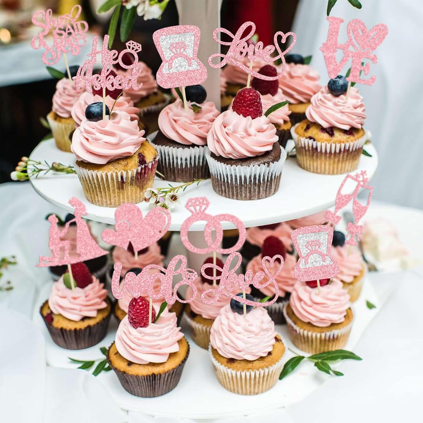 Ephlyn 30Pcs He Asked She Said Yes Cupcake Toppers Glitter Engagement Cupcake Toppers Diamond Ring Heart Love I Do Cupcake Picks for Engagement Wedding Party Cake Decorations Pink