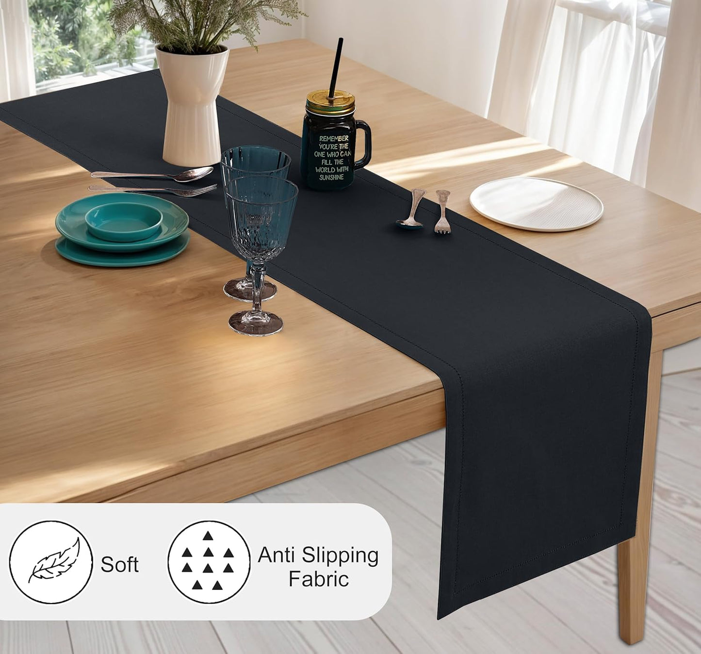 Ruvanti Linen Table Runner 108 Inches, Classic Hemstitch, Washable, Reusable, Non-Slipping, Stain Resistant- Perfect for Parties, Weddings, Dinners, Thanksgiving, Christmas, Indoor use – Black