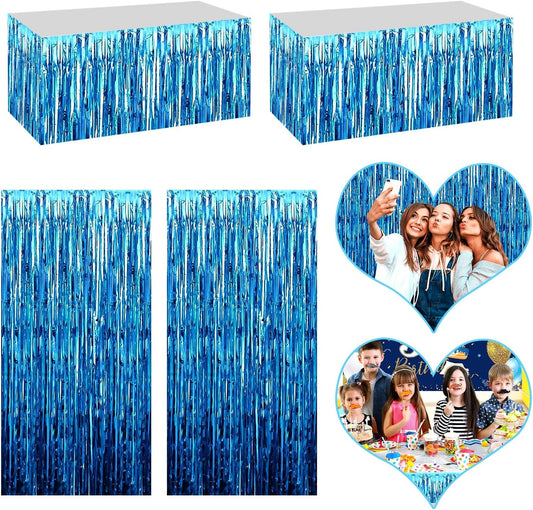 4P Metallic Foil Fringe Tinsel Table Skirts for Rectangle Tables Backdrop Banner Streamer Garland Curtains for Parade Floats Wedding Graduation Anniversary Birthday Parties Decoration (Lake Blue)