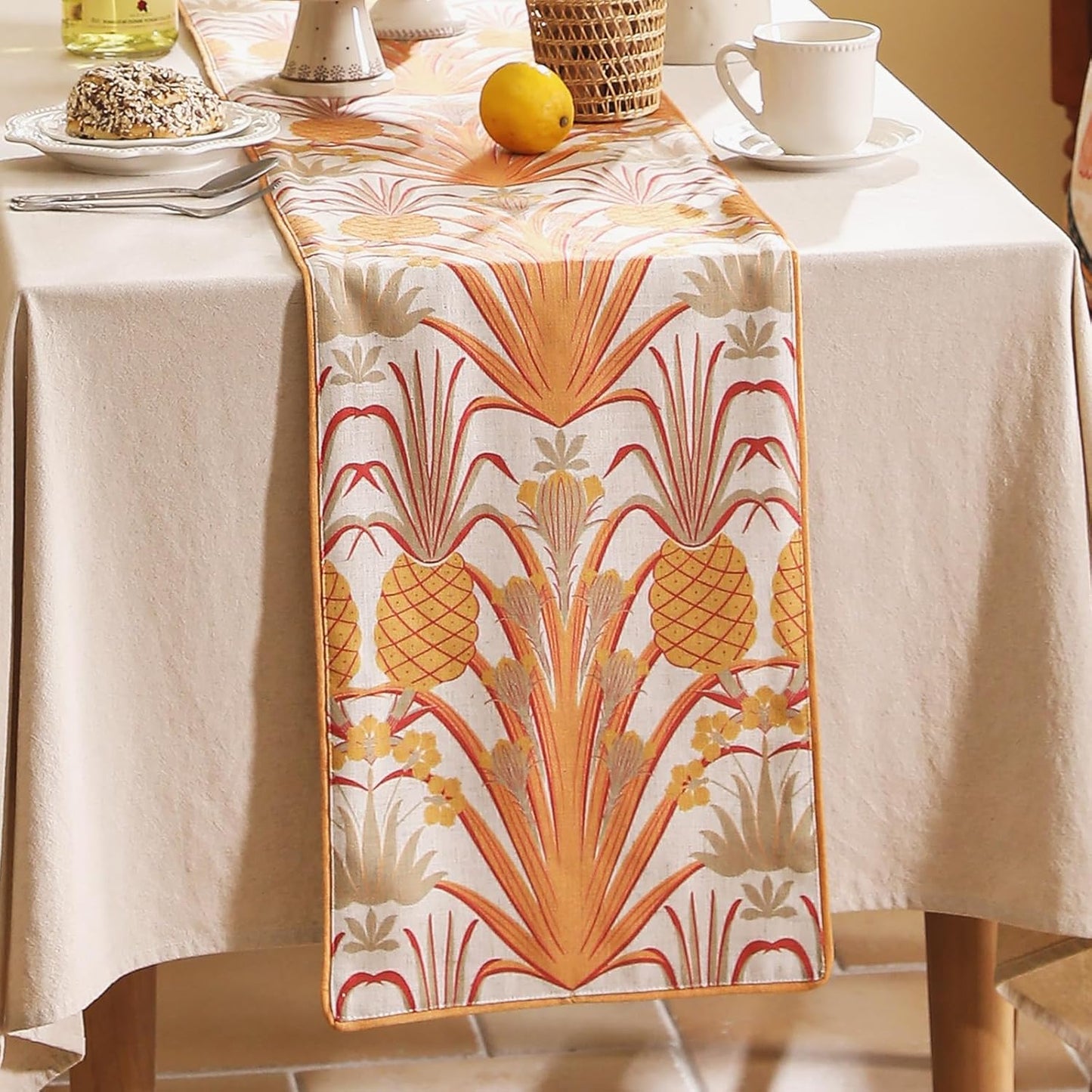 patdrea Designer Tropical Linen Table Runner 87 Inch Long, Yellow Vintage Elegant with Pineapple Pattern Table Mat,Decoration for Kitchen Dining Coffee Table Cover Banquet Christmas , 12"*87"