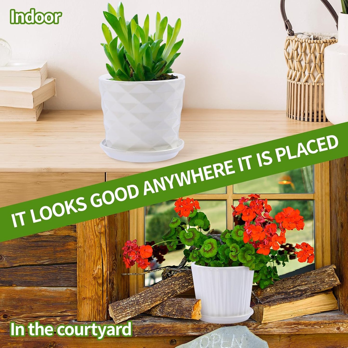 Plant Pots - 5.5 Inch Cylinder Ceramic Planters with Connected Saucer, Pots for Succuelnt and Little Snake Plants, Set of 4, White