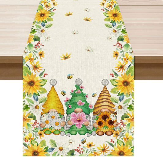 XCHI Yellow White Daisies Flowers Gnomes Spring Table Runner Burlap Table Decoration for Summer Seasonal Home Kitchen Dining Dinner Indoor Holiday Farmhouse Decor 13x90 Inch