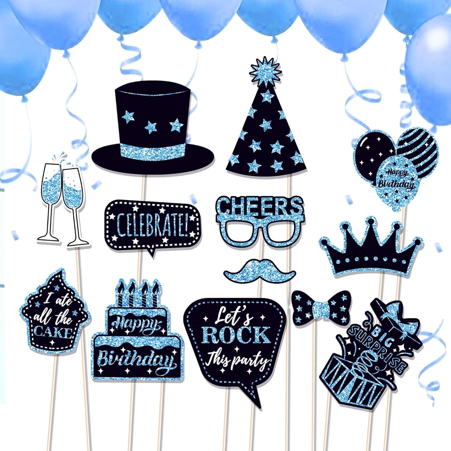 36 PCS Birthday Photo Booth Props Party Supplies Holiday Picture Decorations Photo Booth Props for Birthday Party Favors Pose Sign Kit Fun for Party (Black and Blue)