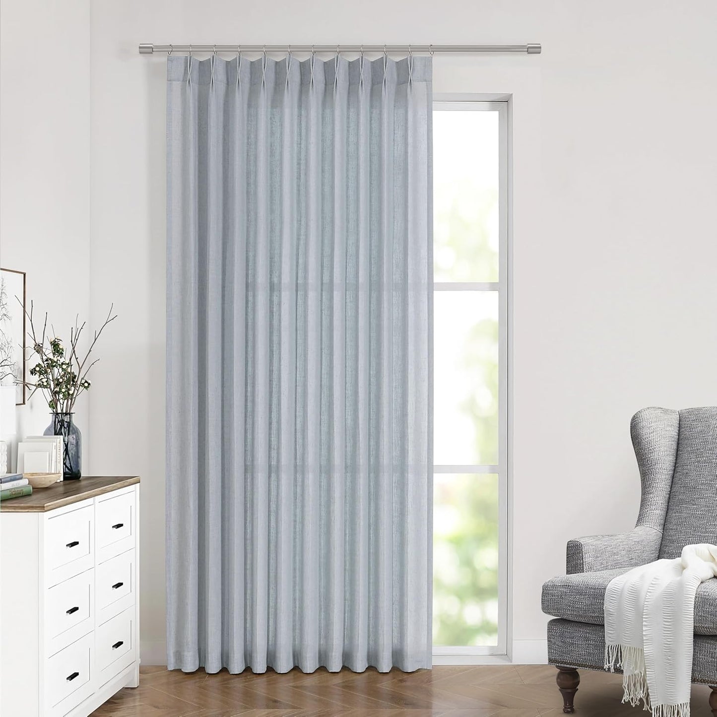Vision Home Blue Fog Pinch Pleated Semi Sheer Curtains Textured Linen Blended Light Filtering Window Curtains 90 inch for Living Room Bedroom Patio Pinch Pleat Drapes with Hooks 1 Panel 60" Wx90 L